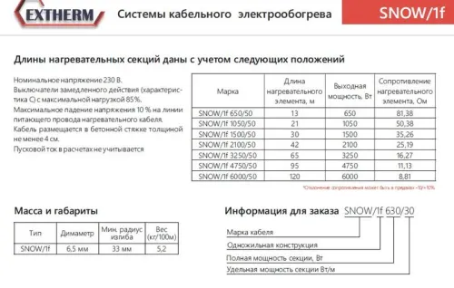 Секция нагревательного резистивного одножил. кабеля 50Вт/м 3250Вт (площадки/кровли/трубы) фторопласт (дл.65м) Extherm SNOW/1f 3250/50 фото 7