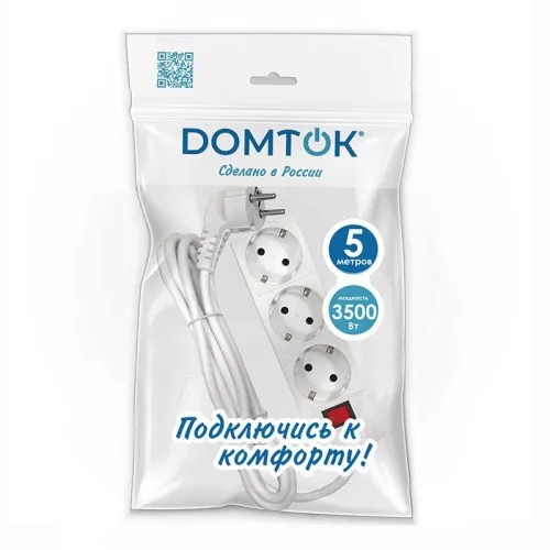 Удлинитель 3х5м с заземл. 16А IP20 3.5кВт ПВС 3х1 с выкл. бел. DOMTOK 2382