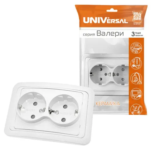 Розетка 2-м СП Валери 16А IP20 с заземл. защ. шторки бел. UNIVersal В0128x фото 3