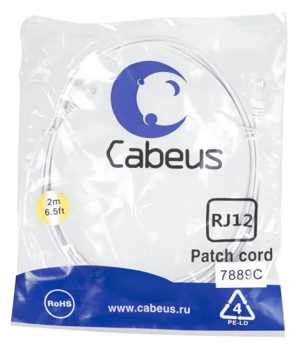Патч-корд телефонный PC-TEL-RJ12-2m 2х6р4с PVC 2м бел. Cabeus 7889c