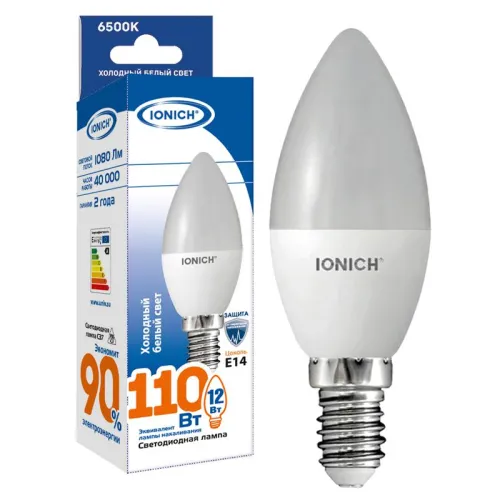 Лампа светодиодная C37 12Вт свеча 6500К E14 230В IONICH 1635