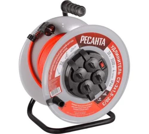 Удлинитель на метал. катушке 4х30м IP44 СУ-3х1.5-30/3 с выкл. Ресанта 61/118/7 фото 3