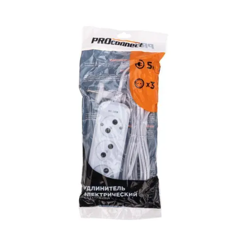 Удлинитель 3 гнезда 5м 2х0.75кв.мм б/з бел. PROCONNECT 13-4207 фото 3