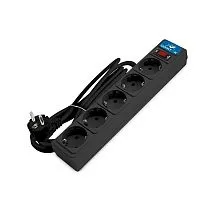 Удлинитель с сетевым фильтром 5х5м с заземл 10А IP20 2.2кВт ПВС 3х1 с выкл. черн. DOMTOK 2539