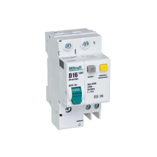 Выключатель автоматический дифференциального тока 2п (1P+N) D 16А 30мА тип AC ДИФ-101 со встроен. защит. от сверхтоков DEKraft 15166DEK