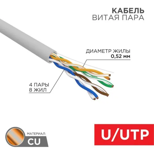 Кабель витая пара U/UTP кат.5E 4х2х24AWG LSZH нг(А)-HF INDOOR SOLID сер. (305м) (м) PRO Rexant 02-0004