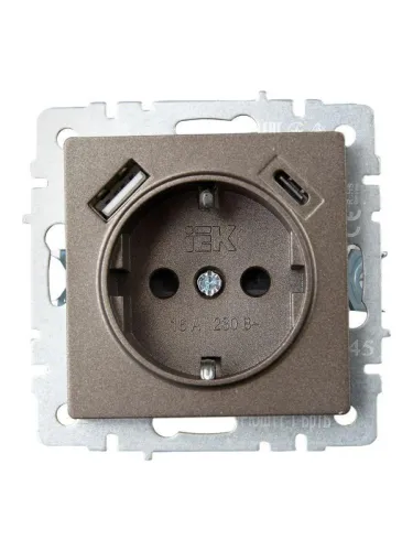 Розетка BRITE РЮш11-1-БрТБ 16А с USB A+C 18Вт с заземл. защ. шторки темн. механизм бронза IEK BR-R14-16-U22-018-K45 фото 3