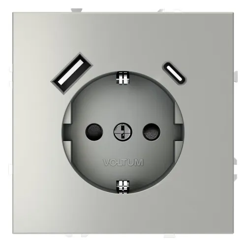 Розетка 1-м СП S70 16А с USB A+С с заземл. защ. шторки механизм сталь Voltum VLS040505