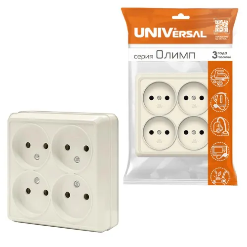 Розетка 4-м ОП Олимп 16А IP20 квадрат. без заземл. сл. кость UNIVersal 1170 фото 2