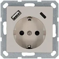 Розетка Shuko 16А с заземл. защ. шторки с 2-мя заряд. устройствами USB тип A+C 25Вт механизм тауп Jasmart G5501USB-25T