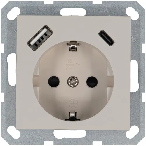 Розетка Shuko 16А с заземл. защ. шторки с 2-мя заряд. устройствами USB тип A+C 25Вт механизм тауп Jasmart G5501USB-25T