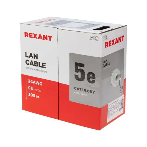 Кабель витая пара U/UTP кат.5E 4х2х24AWG CU LSZH нг(А)-HF INDOOR SOLID сер. (305м) Rexant 01-0069 фото 2