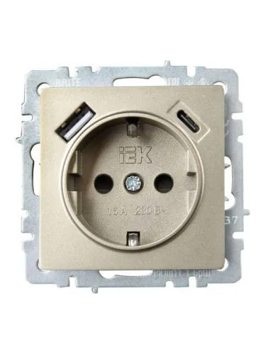 Розетка BRITE РЮш11-1-БрШ 16А с USB A+C 18Вт с заземл. защ. шторки механизм шампань IEK BR-R14-16-U22-018-K37 фото 6