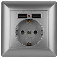 Розетка 1-м СП Solo 4-410-03 P+E Schuko 16А 250В + 2хUSB IP20 с заземл. защ. шторки алюм. Intro Б0053715