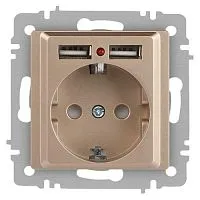 Розетка 1-м СП Accent 6-410-04 16А IP20 250В P+E Schuko + 2хUSB защ. шторки шампань Intro Б0063696