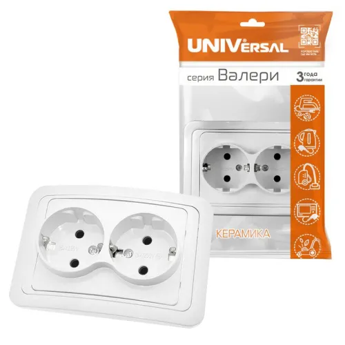 Розетка 2-м СП Валери 16А IP20 с заземл. бел. UNIVersal В0128 фото 3