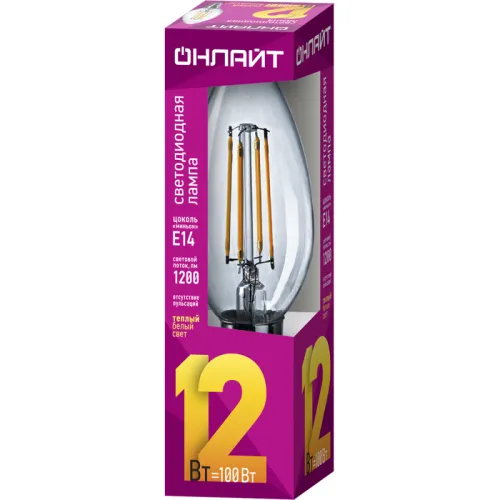 Лампа светодиодная филаментная 80 896 OLL-F-C35-12-230-2.7K-E14 12Вт свеча прозрачная 2700К тепл. бел. E14 1200лм 220-240В ОНЛАЙТ 80896 фото 2