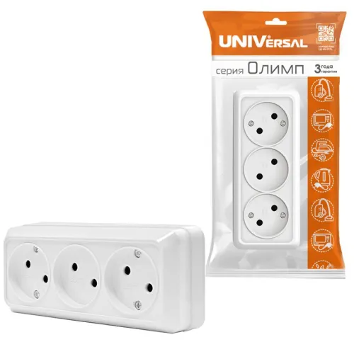 Розетка 3-м ОП Олимп 16А IP20 без заземл. бел. UNIVersal 1160 фото 2