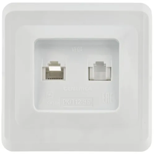 Розетка компьютерная + телефонная 2-м СП Вега РК/Т12-ВБ RJ45 + RJ11 бел. GENERICA EIV20-K01-DM фото 2