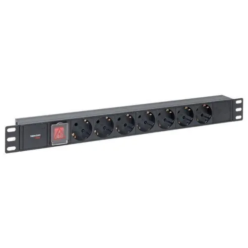 Блок PDU TERACOM PRO 19дюйм 1U 10А 250В 7-м Schuko с выкл. без шнура питания вх. разъем C14 алюм. черн. EKF TRP-HPD-LS-10A-7SH-C14