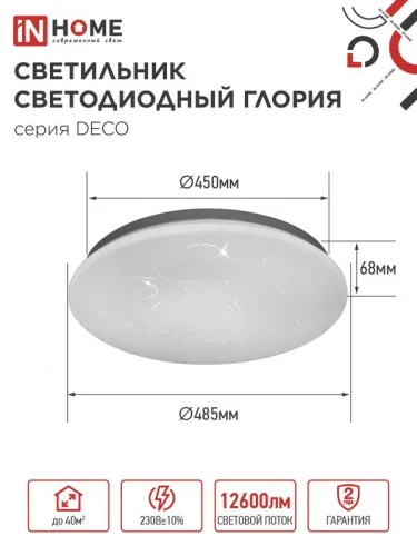 Светильник светодиодный DECO ГЛОРИЯ 120Вт 6500К 12600лм 230В 483х67мм IN HOME 4690612062235 фото 2