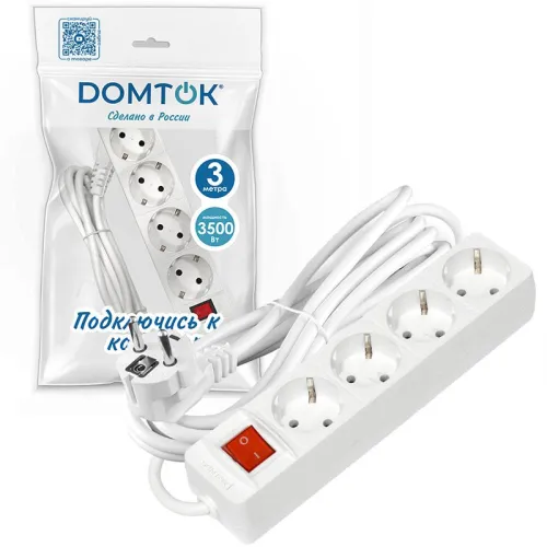 Удлинитель 4х3х16А IP20 3х1 с выкл. бел. DOMTOK 2499 фото 3