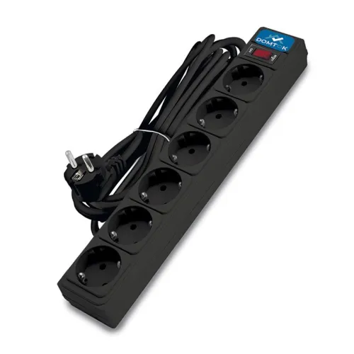 Удлинитель с сетевым фильтром 6х5м с заземл 10А IP20 2.2кВт ПВС 3х1 с выкл. черн. DOMTOK 2523