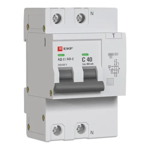 Выключатель автоматический дифференциального тока C 40А 300мА тип AC 6кА АД-2 (электрон.) защита 270В PROxima EKF DA2-6-40-300-pro