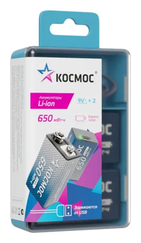 Аккумулятор крона Li-ion 9В 650мАч (уп.2шт) КОСМОС KOCLi9V650mAh2B фото 4