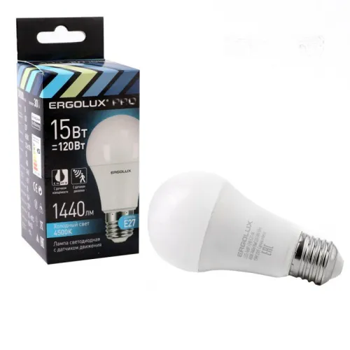 Лампа светодиодная с датчиком LED-A60P-15W-E27-4K PRO 15Вт Е27 4500К 220-240В с Ergolux 14763 фото 3