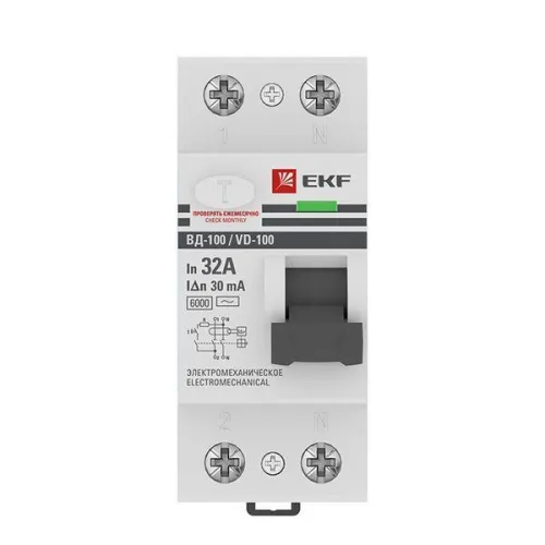 Выключатель дифференциального тока (УЗО) 2п 32А 30мА тип AC 6кА ВД-100 электромех. PROxima EKF elcb-2-6-32-30-em-pro фото 2