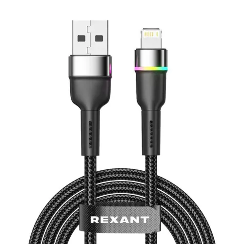 Кабель USB-A-Lightning для Apple 2.4А 1м черн. нейлон. оплетка LED подсветка Rexant 18-7059 фото 2