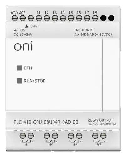 Модуль ЦПУ ПЛК 410 4 DI 4 UI (0-10 В/DI) 4 RO 12В-24В DC или 24В AC с Ethernet портом без экрана ONI PLC-410-CPU-08U04R-0AD-00 фото 2