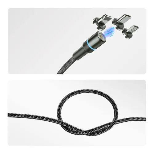 Кабель USB 3в1 со съемными магнитными портами Type-С (2А) Lightning (2.4А) Micro USB (2А) 1.2м черн. оплетка LED подсветка Rexant 18-7076 фото 3