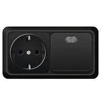 Блок ОП Олимп 1-кл. выкл. с подсветкой 10А + роз. с заземл. 16А 220В горизонт. черн. Universal 7946808