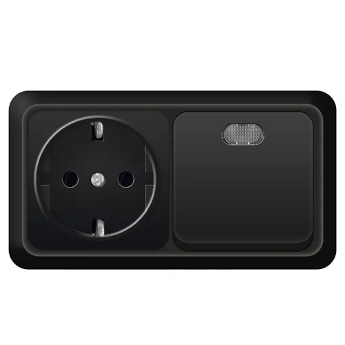 Блок ОП Олимп 1-кл. выкл. с подсветкой 10А + роз. с заземл. 16А 220В горизонт. черн. Universal 7946808