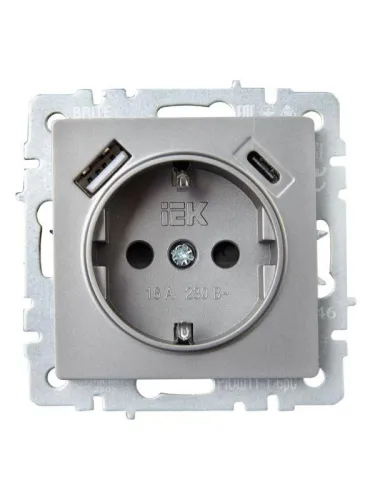 Розетка BRITE РЮш11-1-БрС 16А с USB A+C 18Вт с заземл. защ. шторки механизм сталь IEK BR-R14-16-U22-018-K46 фото 8