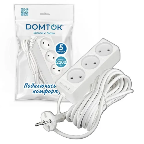 Удлинитель 3х5м без заземл. 10А IP20 2.2кВт ПВС 2х1 бел. DOMTOK 2352 фото 2