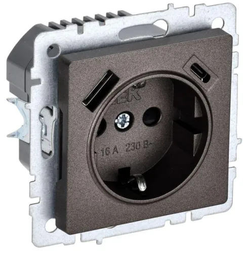 Розетка BRITE РЮш11-1-БрТБ 16А с USB A+C 18Вт с заземл. защ. шторки темн. механизм бронза IEK BR-R14-16-U22-018-K45