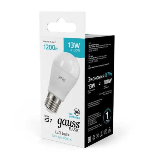 Лампа светодиодная Basic 13Вт P45 шар 4000К нейтр. бел. E27 1200лм GAUSS 10502232 фото 6