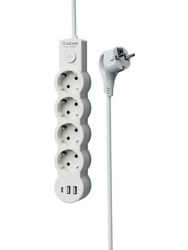 Удлинитель 4х1.5м с заземл. 10А IP20 USB type-Aх2 + type-C 2500Вт 220В ПВС 3х1 с выкл. бел. КОСМОС YKsm1.5m4g-Z-VU10А-W фото 4