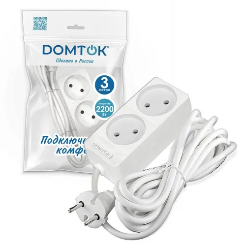 Удлинитель 2х3м без заземл. 10А IP20 2.2кВт ПВС 2х1 бел. DOMTOK 2346 фото 2