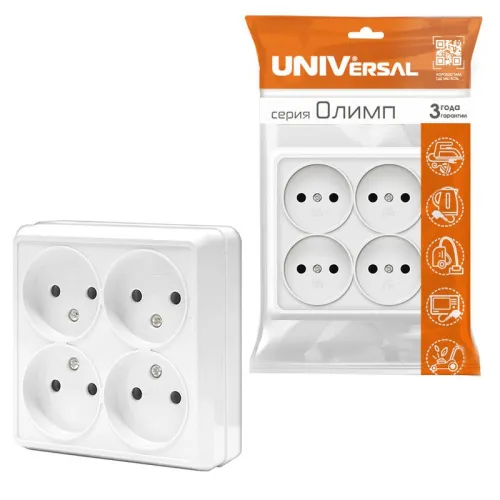 Розетка 4-м ОП Олимп 16А IP20 квадрат. без заземл. бел. UNIVersal 1164 фото 2