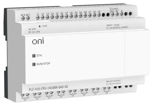 Модуль ЦПУ ПЛК 410 8 DI 6 UI (0-10В/DI) 8 RO 12В-24В DC или 24В AC с Ethernet портом без экрана ONI PLC-410-CPU-14U08R-0AD-00