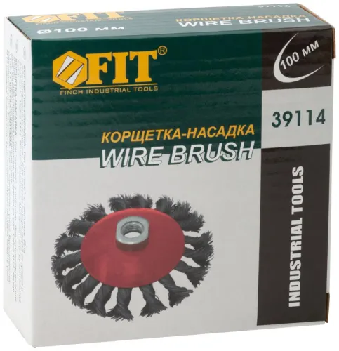 Корщетка-колесо с наклоном гайка М14 стальная витая проволока 100мм FIT 39114 фото 3