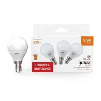 Лампа светодиодная Basic 5.5Вт шар 3000К E14 525лм (уп.3шт) GAUSS 10531152T
