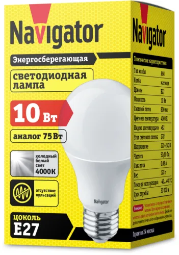 Лампа светодиодная 94 388 NLL-A60-10-230-4K-E27 10Вт грушевидная 4000К нейтр. бел. E27 820лм 176-264В Navigator 94388 фото 3