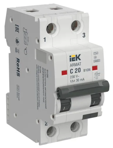 Выключатель автоматический дифференциального тока 2п C 20А 30мА тип A АВДТ B10N ARMAT IEK AR-B10N-2-C020A030