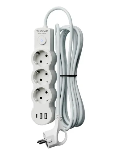 Удлинитель 3х3м с заземл. 10А IP20 USB 2800Вт 220В ПВС 3х1 с выкл. бел. КОСМОС YKsm3m3g-Z-VU10А-W фото 2