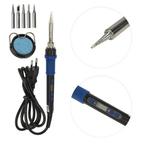 Набор для пайки (паяльник цифровой с керам. нагревателем 65Вт 200-500град.C подставка с губкой набор из 5 жал) Rexant 12-0621 фото 3